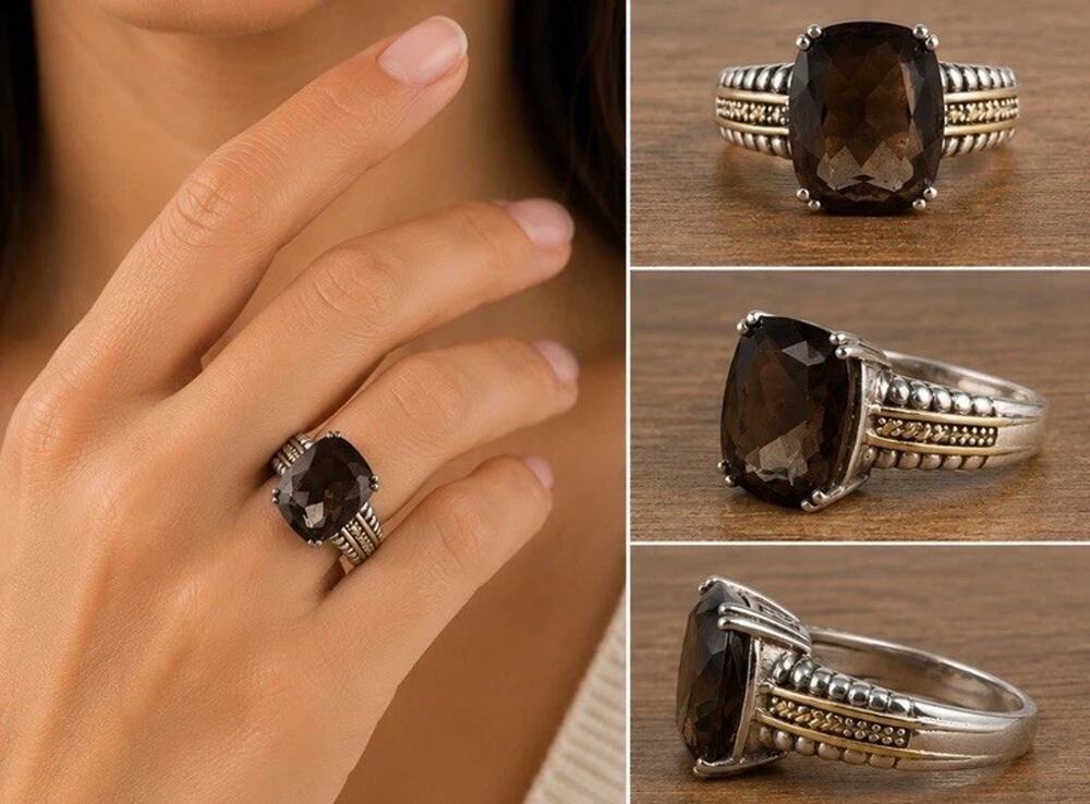 Vintage T&C Smoky Quartz Ring 14K & Sterling Silver Two Tone Statement Ring 8.5